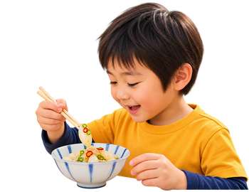 らっきょう料理を食べる子ども